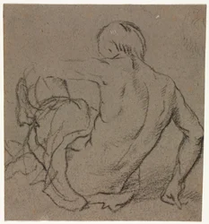 Hombre sentado en el suelo, visto desde atrás, recto, 1500s