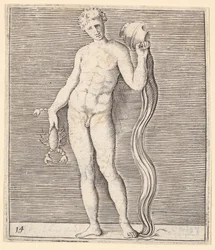 Hombre con cangrejo de río y urna de agua, publicado ca. 1599-1622