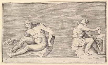 Hombre con ala, hombre con jarrón y perro, publicado ca. 1599-1622