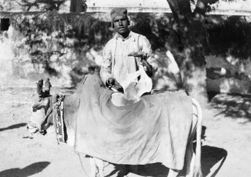 Hombre con una vaca deformada, India, 1916-1917