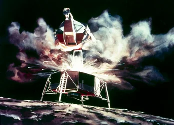 Vuelo espacial tripulado, EE.UU., Apollo, impresión artística del módulo lunar despegando de la Luna
