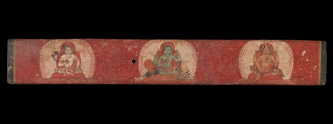 Cubierta de manuscrito con Vishnu flanqueado por Lakshmi y Sarasvati, siglo XIV