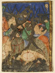 Recorte de manuscrito mostrando una escena de las Escrituras Hebreas, la vida del Rey David, ca. 1400