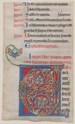 Iluminación de manuscrito con inicial V, de una Biblia, ca. 1175-95