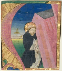 Iluminación de manuscrito con San Domingo salvando la Iglesia de San Juan... mediados del siglo XV