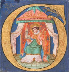 Iluminación de manuscrito con San Trudo Trond en una inicial O, de un libro de coro, siglo XV