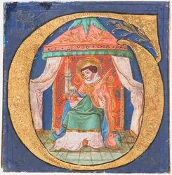 Iluminación de manuscrito con San Trudo Trond en una inicial O, de un libro de coro, siglo XV