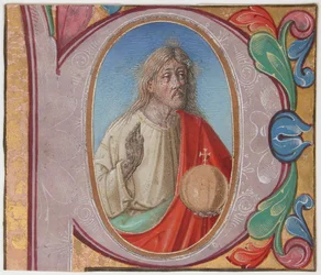 Iluminación de manuscrito con Salvator Mundi en una inicial P, de un libro de coro, principios del siglo XVI