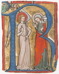 Iluminación de manuscrito con la Anunciación en una inicial R, de un Gradual, ca. 1300