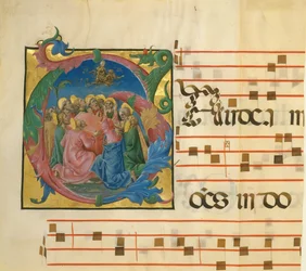 Iluminación de manuscrito con la Asunción de la Virgen en una inicial G..., italiano, 1450-60