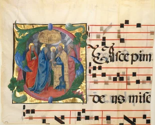 Iluminación de Manuscrito con la Presentación en el Templo en una Inicial S, de un Gradual, 1450-60