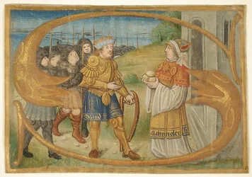 Recorte de hoja de manuscrito probablemente de un misal con una inicial iluminada S, finales del siglo XV