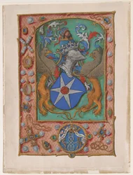 Hoja de manuscrito con escudo de armas, de un Libro de Horas