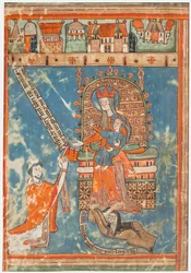 Hoja de manuscrito con la dedicación de un libro a la Virgen, alemán, ca. 1400