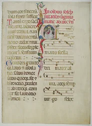 Hoja de manuscrito con inicial A, de un antifonario, italiano, siglo XV
