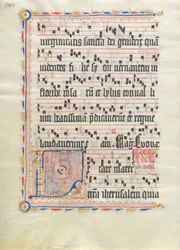 Hoja de manuscrito con la inicial L, de un antifonario, alemana, segundo cuarto del siglo XV