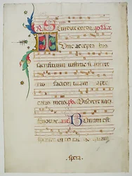 Hoja de manuscrito con inicial T, de un antifonario, italiano, siglo XV