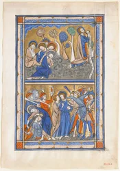 Hoja de manuscrito con la agonía en el jardín y la traición de Cristo, de un Salterio Real, ca. 1270