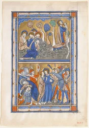 Hoja de manuscrito con la agonía en el jardín y la traición de Cristo, de un Salterio Real