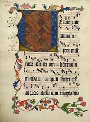 Hoja de manuscrito con la inicial V, de un antifonario, alemán, ca. 1425-50