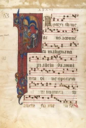 Hoja de manuscrito con el martirio de San Pedro Mártir en una inicial P, ca. 1270-80