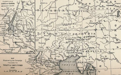 Mapa que ilustra la campaña previa al Tratado de Campo-Formio, 1797, 1896