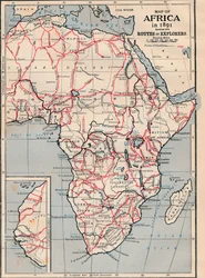 Mapa de África en 1891 mostrando rutas de exploradores
