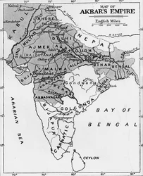 Mapa del Imperio de Akbar, hacia 1912