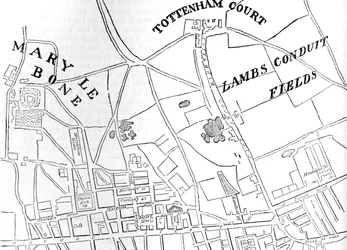 Mapa de Rathbone Place y su vecindario, Westminster, Londres, 1746 1878