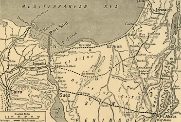 Mapa del ataque turco al Canal de Suez, Egipto, Primera Guerra Mundial, 1915