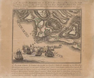 Mapa de la captura de la fortaleza marítima de Anapa por tropas rusas en el mar Negro en junio de 1791, 1791.
