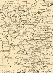 Mapa que muestra la frontera entre Francia y Alemania, Primera Guerra Mundial, hacia 1915, hacia 1920