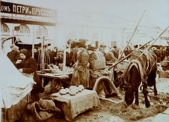 Mercado en el malecón Moskvoretskaya, Moscú, Rusia, 1911