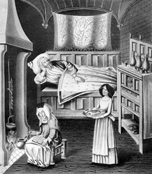 Matrona y sirviente en la cámara de enfermos, c1470