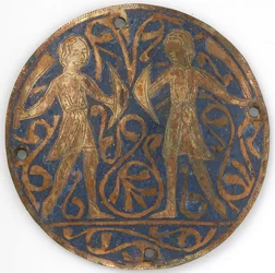 Medallón con dos jóvenes guerreros con falchions y escudos, francés, ca. 1240-60