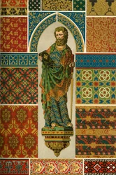Tejido medieval, bordado, esmalte y escultura pintada, 1898