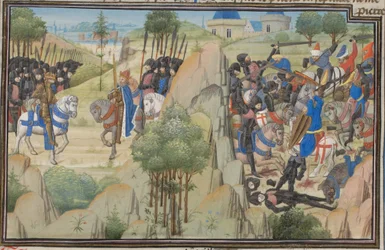 Encuentro de Conrado III de Alemania y Luis VII de Francia. Miniatura de la Historia de Guillermo de Tiro, 1460s