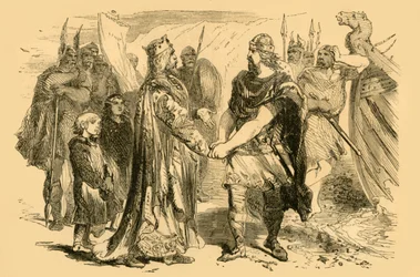 Encuentro de Edmundo Ironside y Canuto, en la Isla de Alney, en el Severn, c. 1890