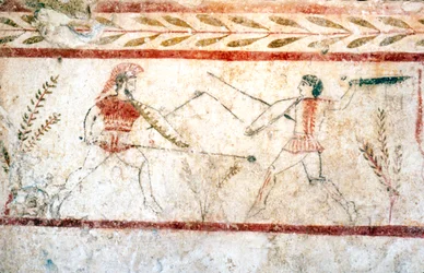 Hombres luchando con lanzas, Paestum, siglo IV a.C.