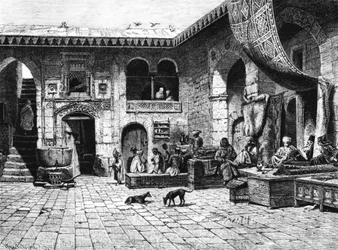 Comerciantes de alfombras al Khan El-Country Cottage, 1880