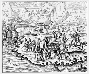Comerciantes transportando mercancías a la costa y a un barco esperando en camello, 1575