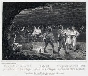 Mina de sal: el cruce del lago salado, dentro de la montaña, hacia 1850, en Durrnberg, Austria