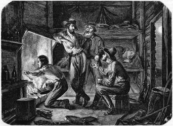 Mineros en los campos de oro de California relajándose en su cabaña de troncos por la noche, 1853