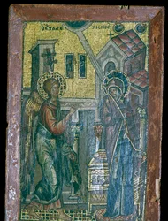 Miniatura de mosaico bizantino de la Anunciación, siglo XIV