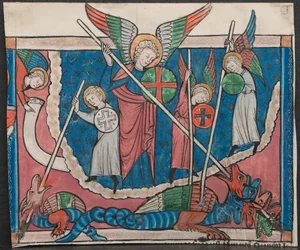 Miniatura de un Manuscrito del Apocalipsis: La Guerra en el Cielo