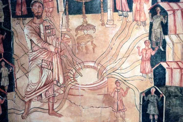 Moisés en el pozo de Meriba - Pintura de la Sinagoga de Dura Europos. Siglo III EC. El Museo Judío de Nueva York.
