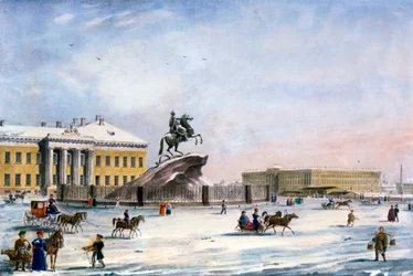 Monumento a Pedro el Grande en la Plaza del Senado de San Petersburgo, Rusia, invierno, 1822