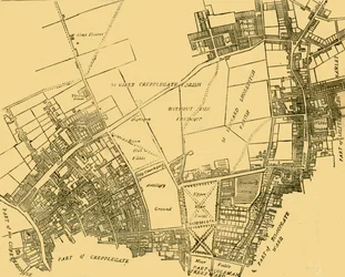 Moorfields y sus alrededores a partir de un mapa de alrededor de 1720, hacia 1872.