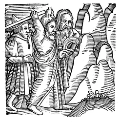 Moisés golpeando la roca en el desierto y produciendo agua, 1557