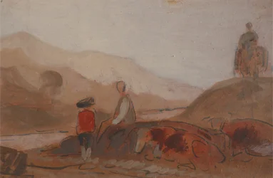 Paisaje montañoso con figuras junto a un lago, 1825-1830